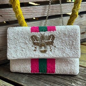 White Beaded Shoulder Bag with Gold Bee Accent